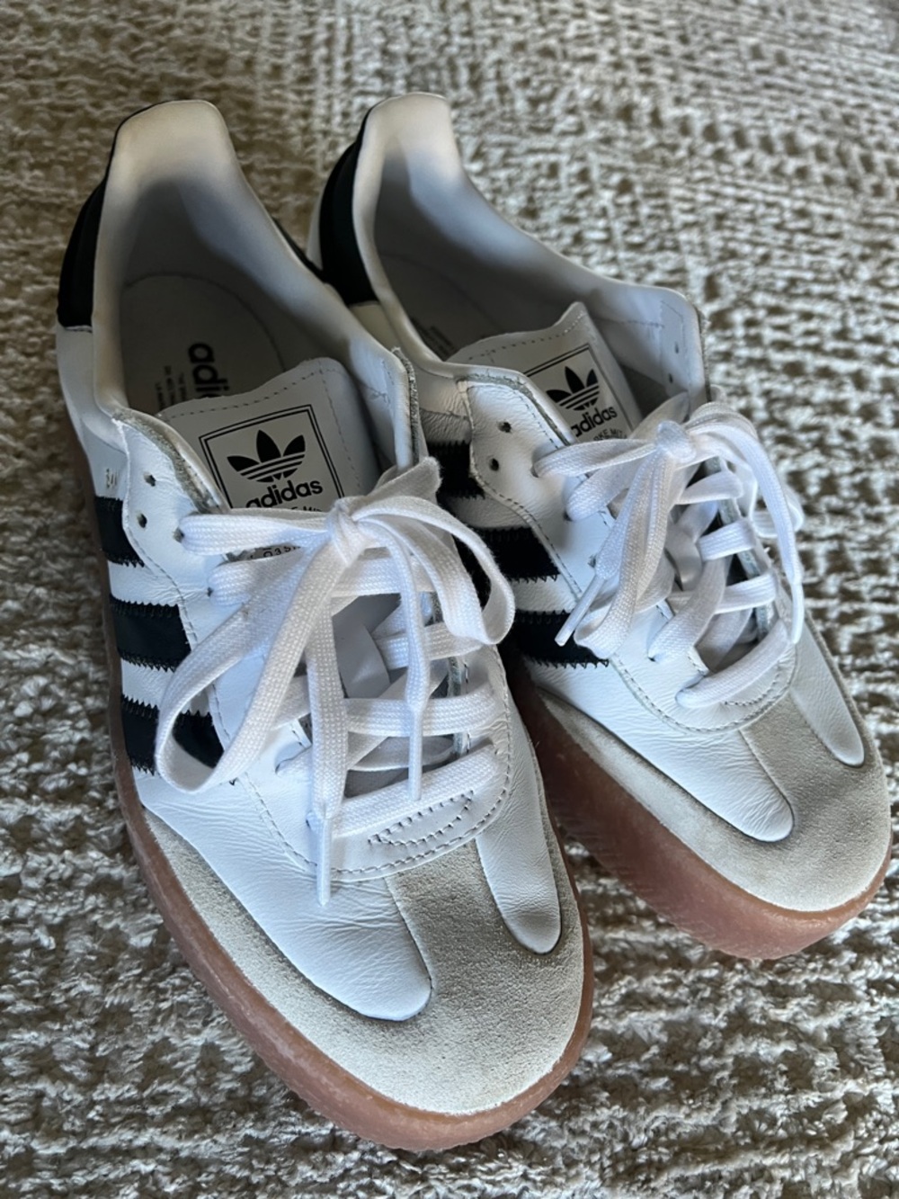 adidas White and Black Leather Sneakers with Gum Sole